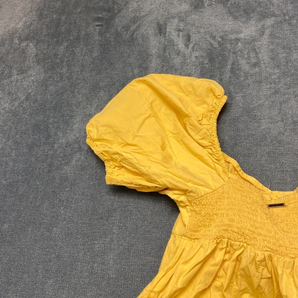 Billabong Mini Sundress Girls Medium Yellow Pleated Puff Sleeve Smocked Back